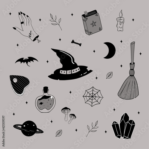 Collection of witch elements. Witch hat, broom, potion, magic book, ouija board, candle and others ritual objects. Set of mystical hand drawn elements. Isolated vector illustration