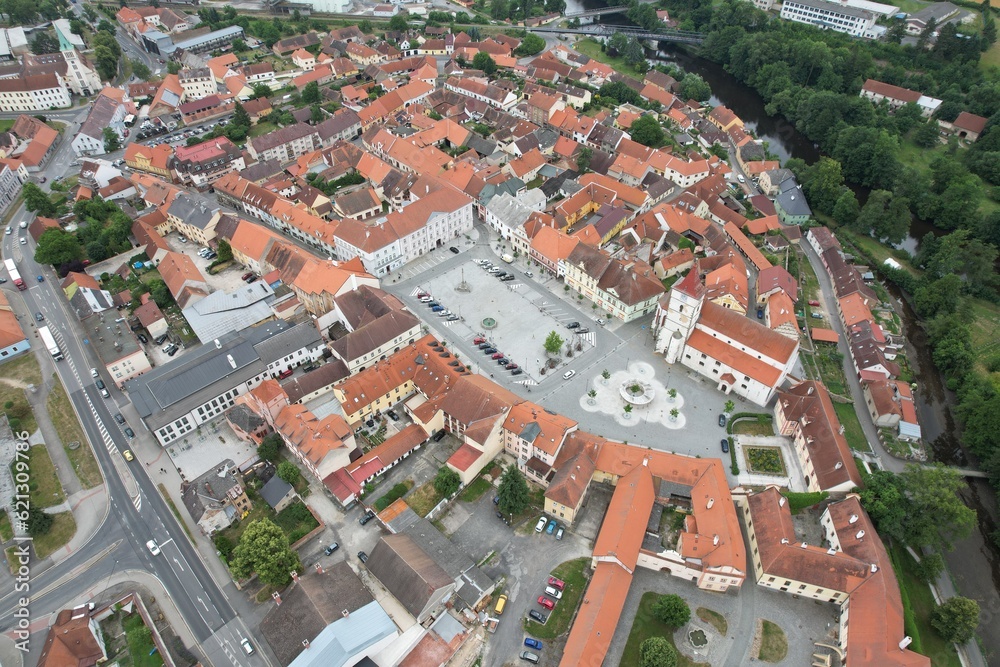 Horazdovice historical city center with old town square,Castle and church.Czech republic Europe,aerial panorama landscape view