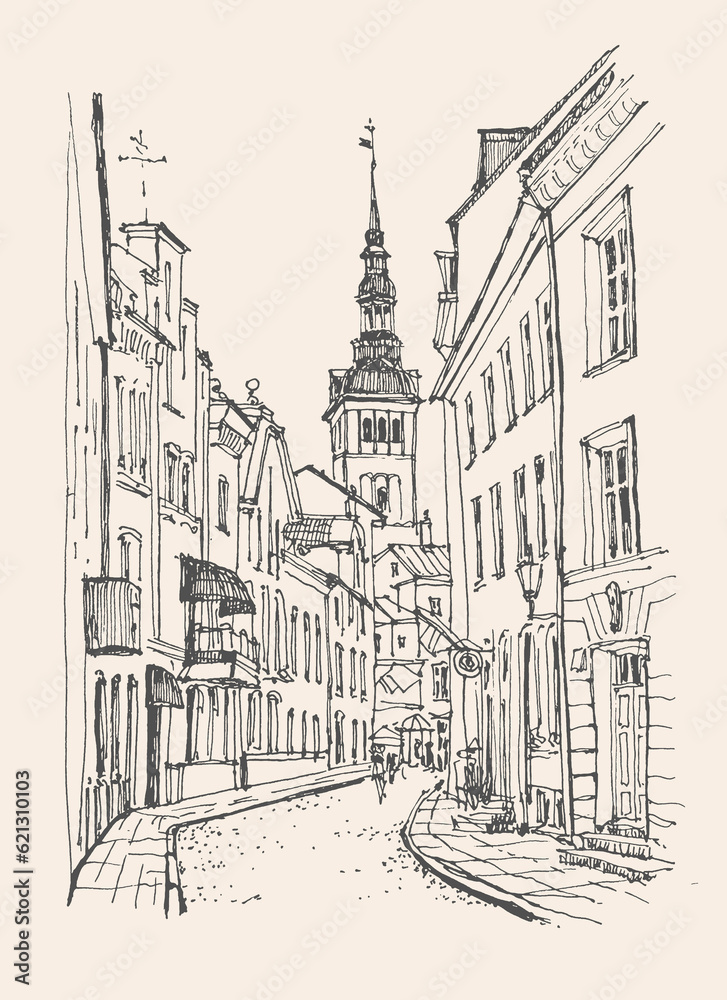 Sketch of Tallinn, Estonia. A hand-drawn old building, with a pen on paper. Urban sketch in black color on beige background. Building line art. Freehand drawing. Hand drawn travel retro postcard. 
