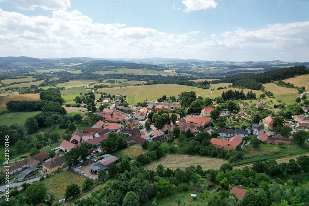 Hostice is a municipality and village in Strakonice District in the South Bohemian Region of the Czech Republic,czech village,aerial panorama landscape view