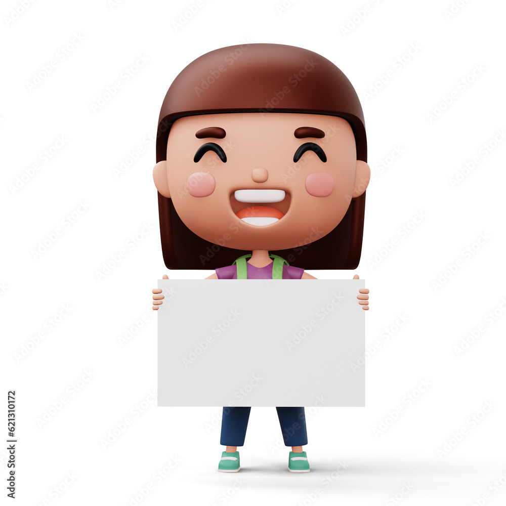 Happy child with bag holding blank whiteboard, cute girl cartoon character, 3d rendering Happy child with bag holding blank whiteboard, cute girl cartoon character, 3d rendering