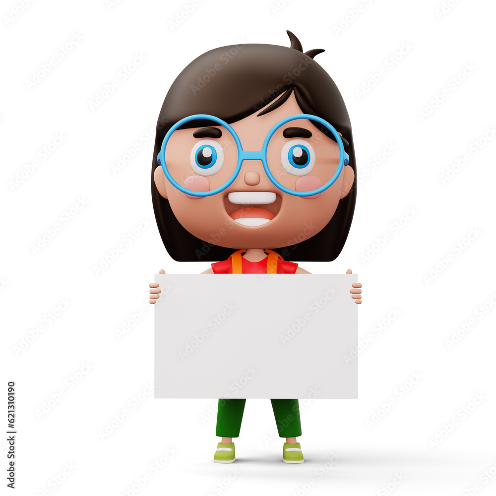 Happy child with bag holding blank whiteboard, cute girl cartoon character, 3d rendering Happy child with bag holding blank whiteboard, cute girl cartoon character, 3d rendering
