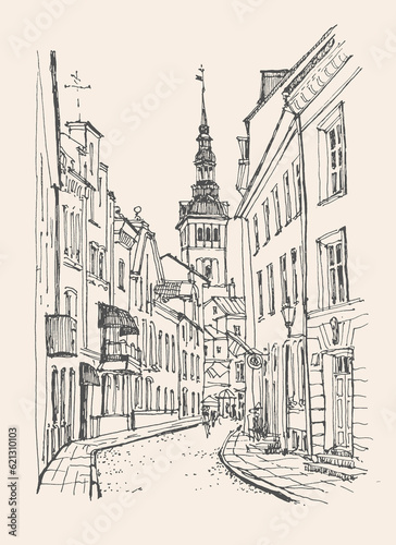 Sketch of Tallinn  Estonia. A hand-drawn old building  with a pen on paper. Urban sketch in black color on beige background. Building line art. Freehand drawing. Hand drawn travel retro postcard. 