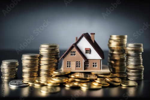 ai generated illustration Small model house with coins, buy and sell house