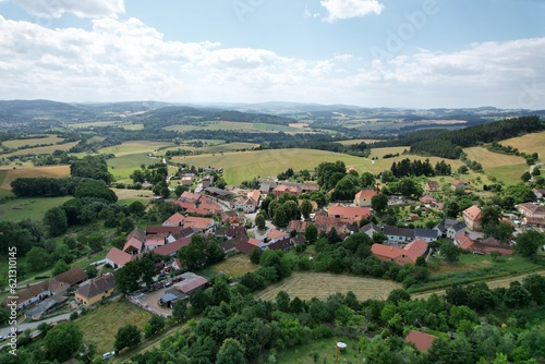 Hostice is a municipality and village in Strakonice District in the South Bohemian Region of the Czech Republic,czech village,aerial panorama landscape view © Semi