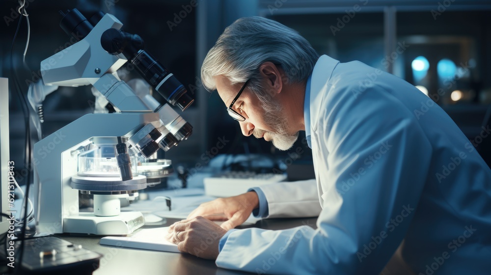 Scientist working in laboratory. Confident mature man wearing glasses and using microscope while working in lab. Generative AI. Scientist working in laboratory. Confident mature man wearing glasses and using microscope while working in lab. Generative AI.