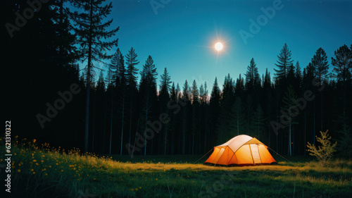 Petite tente éclairée dans la nuit au milieu de la forêt à la montagne. Generative AI.