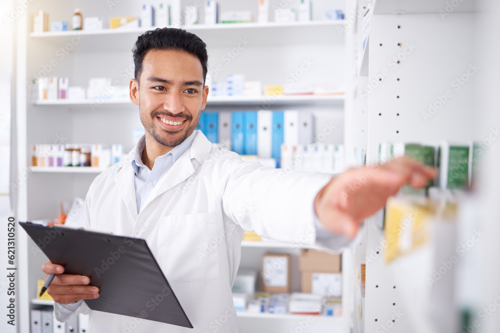 Pharmacist, medicine and happy man with checklist for stock in pharmacy. Pills, inventory and Asian medical doctor with clipboard for pharmaceutical drugs, supplements and medication for healthcare.