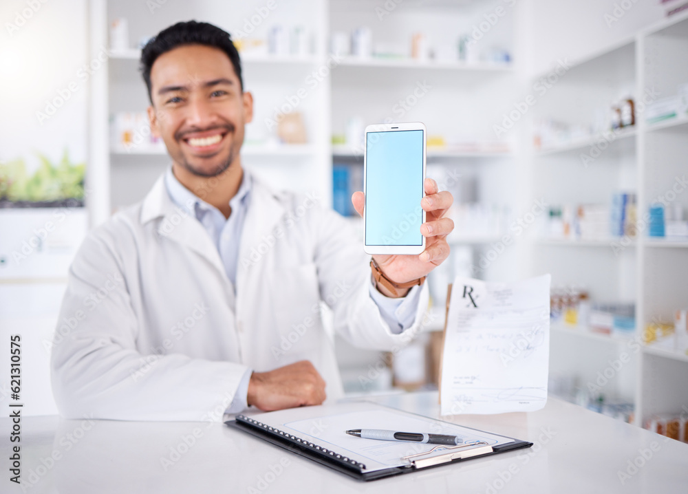 Happy man, portrait and pharmacist with phone screen in pharmacy, drugstore or shop. Face, smartphone and medical professional with mockup space for healthcare promotion, advertising and marketing.