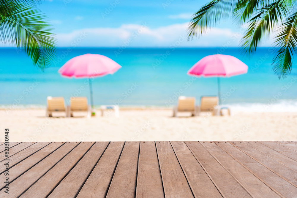 Tropical beautiful white sand beach with sun bed and blue sky background, Summer vacation concept and copy space Tropical beautiful white sand beach with sun bed and blue sky background, Summer vacation concept and copy space