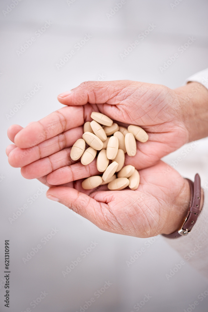 Hands, pharmaceutical pills or medicine for health care or drugs for recovery, wellness or prescription supplement of vitamins. Hand, medication and support immune system with medical product Hands, pharmaceutical pills or medicine for health care or drugs for recovery, wellness or prescription supplement of vitamins. Hand, medication and support immune system with medical product