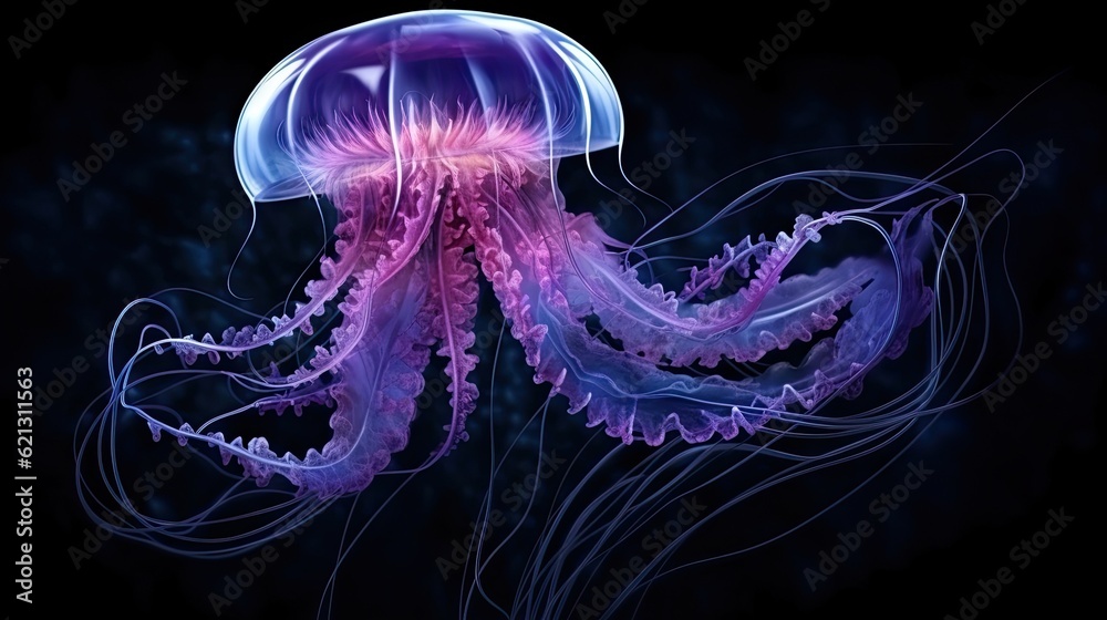 In the dark ocean, a purple jellyfish swims. (Illustration, Generative AI)
