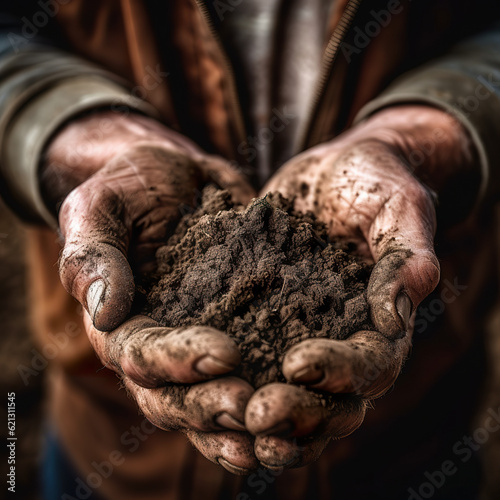 Close-up, expressive shot of a man's hands holding plowed soil in a field. Farmer holding soil arable ploughed dirt in cupped hands. Realistic 3D illustration. Generative AI