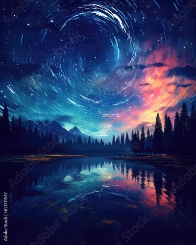 A star trail stretches across river and mountains at night. (Illustration, Generative AI) © HandmadePictures