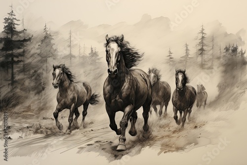 Horses sprinting through the wild on a dirt road. (Illustration, Generative AI) © HandmadePictures