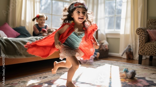 Happy child playing and runs in the room  Cute little confident girl at home in superhero costume.