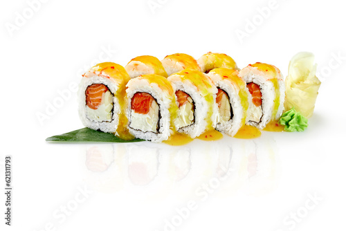 Rolls with cream cheese, salmon, apple topped with prawn and mango chili sauce photo