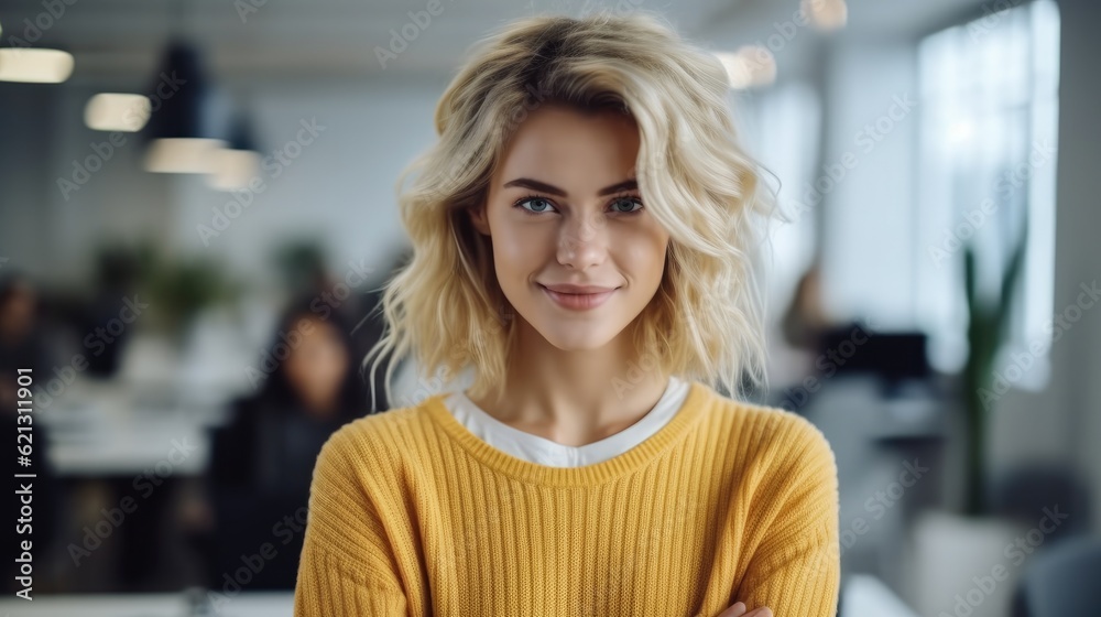 Beautiful young woman standing in office, Happy relaxed confident young businesswoman.