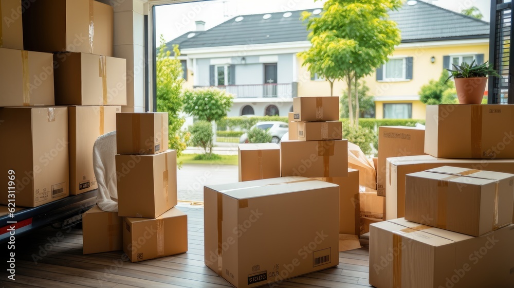 Boxes waiting to be moved into a new home, Moving house day and real estate concept. Boxes waiting to be moved into a new home, Moving house day and real estate concept.