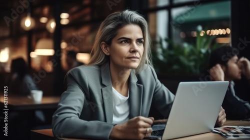 Businesswoman working with laptop in cafe, Remote work concept, Female freelancer.