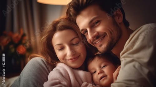 Young couple relaxing at home with their baby, happy family, Father and mother their baby in bed.