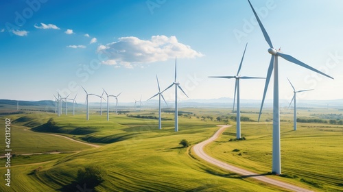 Panoramic view of wind farm or wind park with high wind turbines for generation electricity, Wind Energy And Technology, Green energy concept. photo