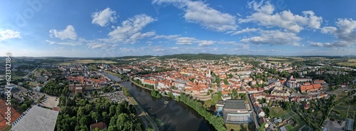 Pisek town cityscape,historical city center aerial panorama landscape view,cityscape of Písek city in Czech republic,Europe