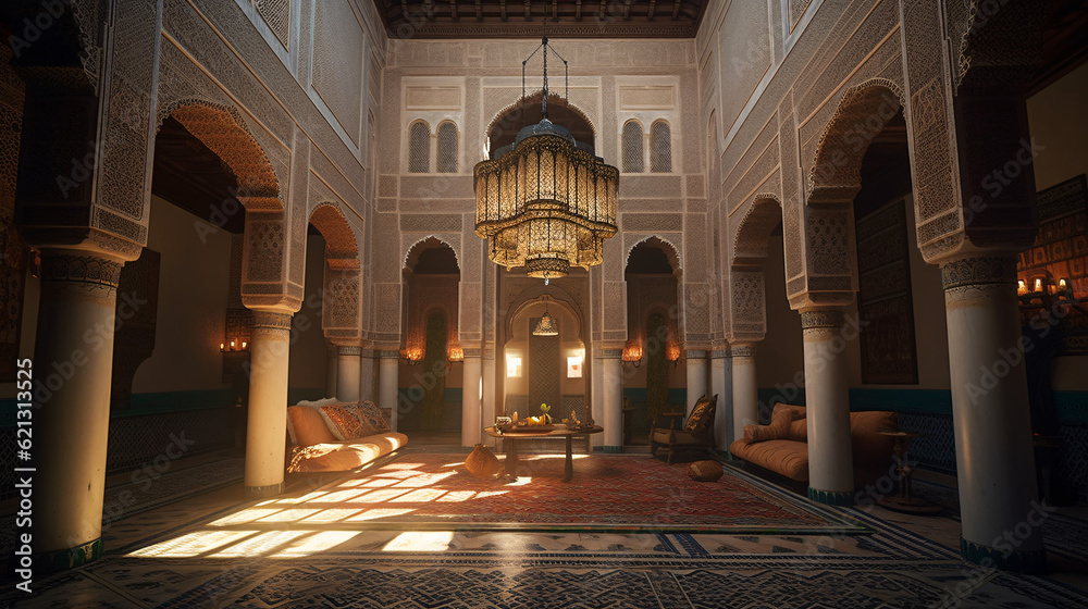 Majestic interior of a Moroccan Palace, traditional handcrafts & Zellij - Generative Art