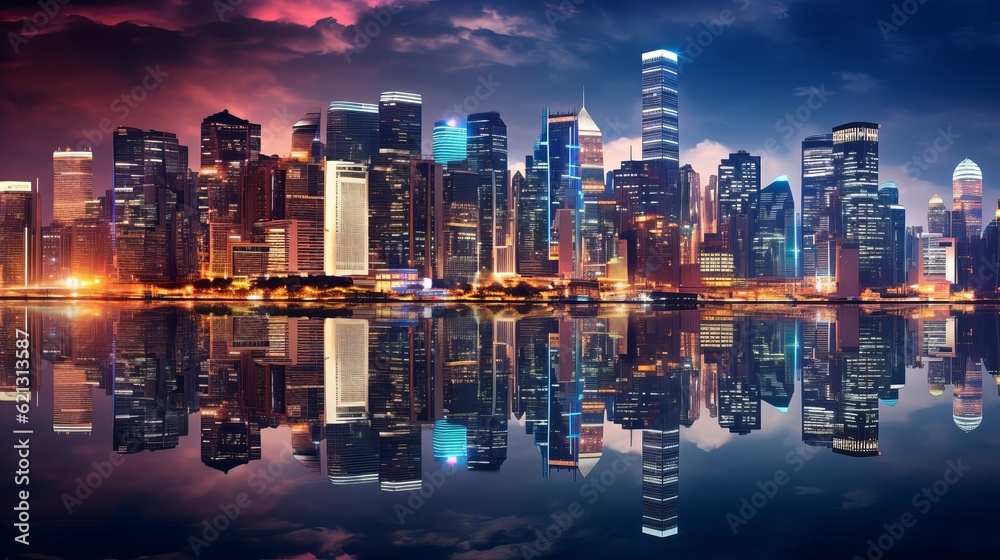 Fototapeta premium Vibrant city skyline at night: captivating 4K wallpaper with colorful lights and dynamic urban atmosphere, city skyline at night, Generative AI