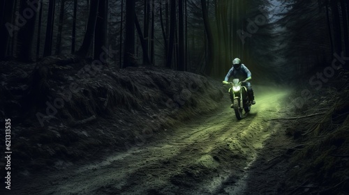 Person riding a bicycle - A beautiful night track in the woods, where a motorcyclist rides, Generative AI