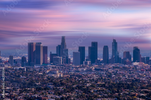 Aerial view of downtown Los Angeles city skyline, 