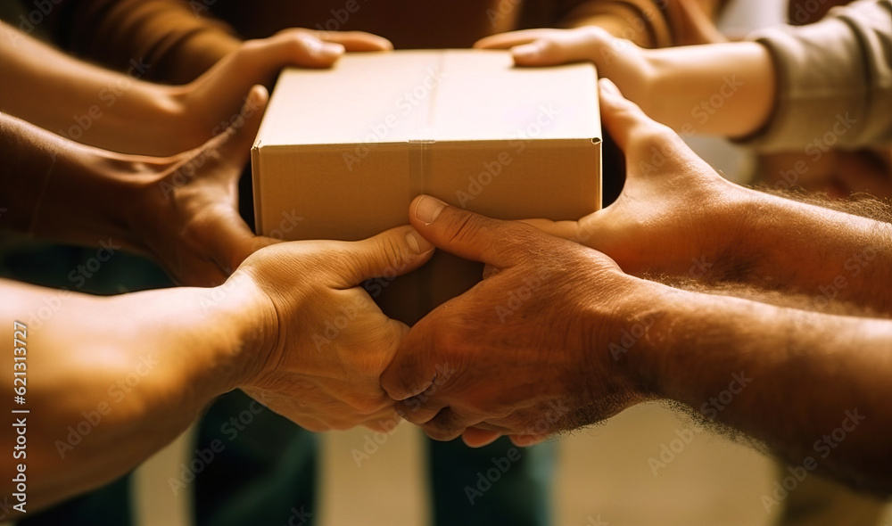 Obraz premium Inspiring closeup of hands holding a textured moving box in a soothing minimalist style, emphasizing unity and cooperative effort; brown and white hues. Generative AI
