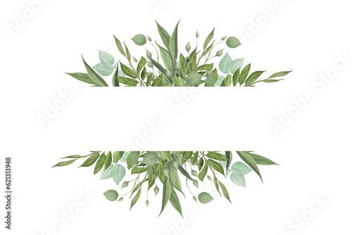 Wedding invitation card with green leaves bouquet  postcard template