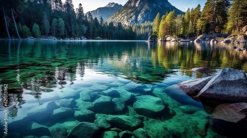 body of water, calm body of water surrounded with trees and mountains, reflections in the lake, HD wallpaper, Generative AI