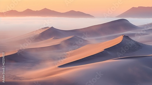 Fototapeta Naklejka Na Ścianę i Meble -  Drone shot of sand dunes covered in thick fog, sunrise at the Namib desert, in Namibia, Generative AI