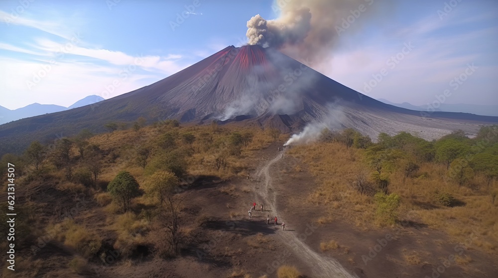 Drone video flying towards Volcan de Fuego (Volcano of Fire) in Guatemala with people on the ridge looking towards the volcano as it erupts, Generative AI
