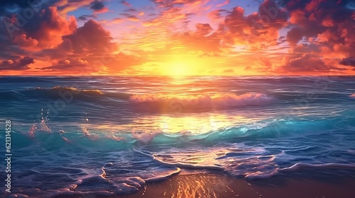 Dusk on the Shore, Radiant Beauty Ocean Sunset: A Stunning Beach Landscape loop animation, sunset over the sea