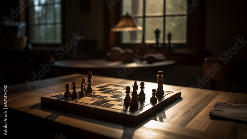Photographie chessboard in a dim lit room with window