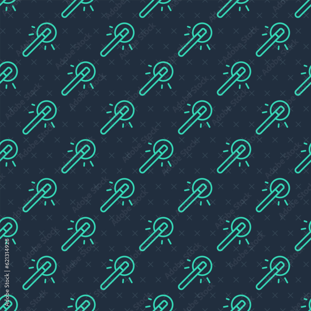 Green line Magic wand icon isolated seamless pattern on blue background. Star shape magic accessory. Magical power. Happy Halloween party. Vector