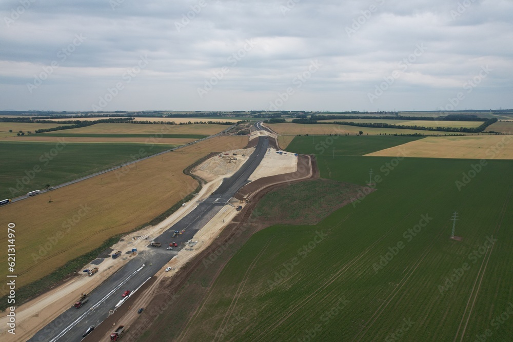 D7 motorway is a highway northwest from Prague to Chomutov and the German border,building of new highway by Louny city,speed road construction work with bridges and modern infrastructure,Czech-Europe