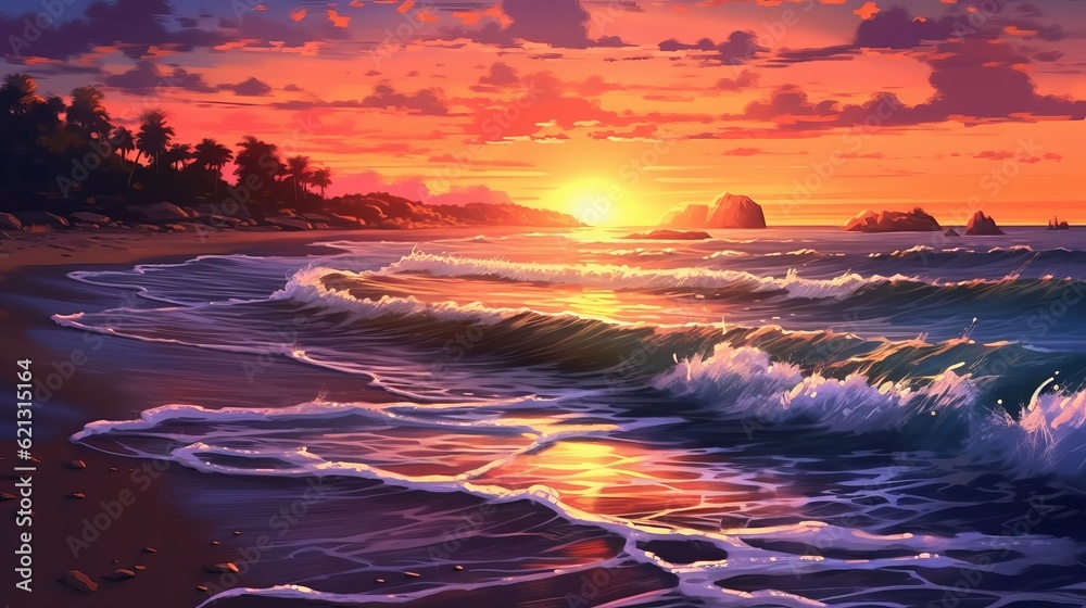 Dusk on the Shore, Radiant Beauty Ocean Sunset: A Stunning Beach Landscape loop animation, sunset over the sea, Generative AI
