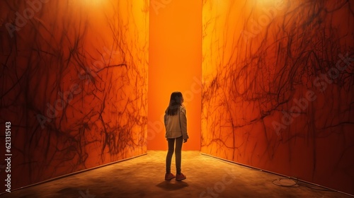 Silhouette of a person walking in a tunnel - Girl walking on the orange beam light in her face side of the wall, wallpaper, Generative AI