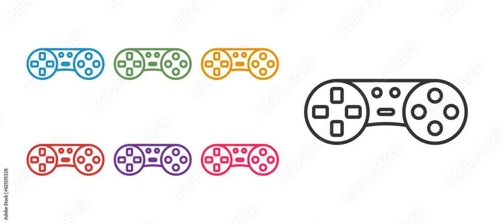 Set line Game controller or joystick for game console icon isolated on white background. Set icons colorful. Vector