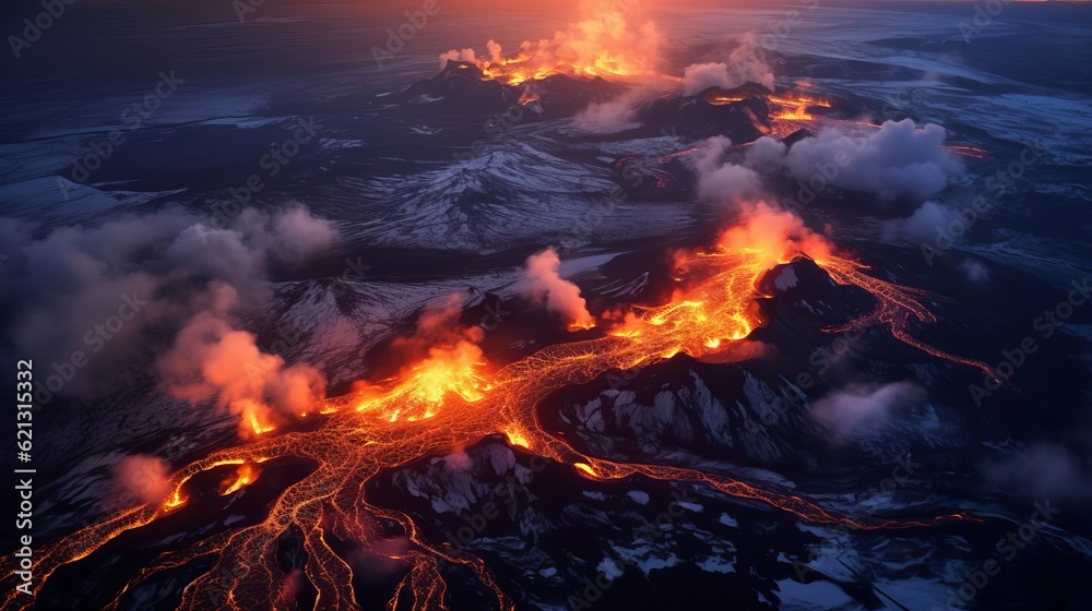 Lava flows from Mount Fagradalsfjall, aerial evening view, Iceland, Generative AI