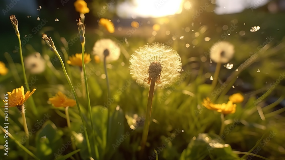Dandelions in the grass - Macro Shot of Dandelions being blown in super slow motion. Outdoor scene with sun rays, Generative AI
