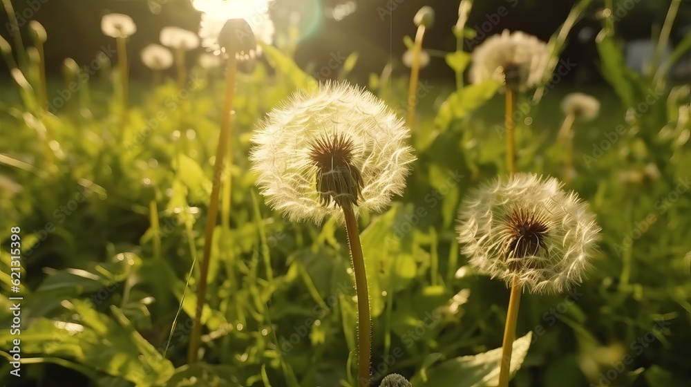 Macro Shot of Dandelions being blown in super slow motion. Outdoor scene with sun rays, Generative AI Macro Shot of Dandelions being blown in super slow motion. Outdoor scene with sun rays, Generative AI