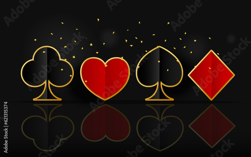 Playing suits of cards with gold glitter on a black background. Horizontal background. Vector illustration.