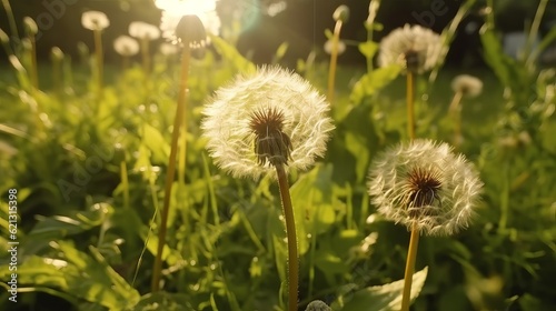 Macro Shot of Dandelions being blown in super slow motion. Outdoor scene with sun rays  Generative AI