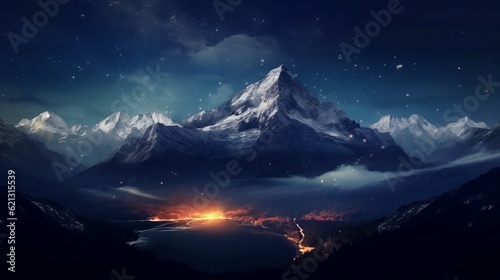 Beautiful mountain view at night - Mountain at night under a starry sky, Generative AI