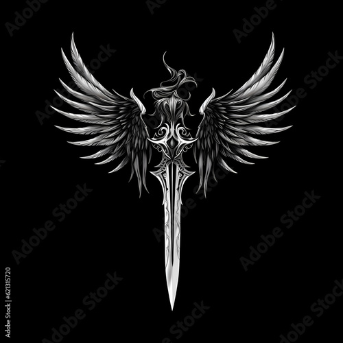 Wallpaper Mural sword with wings black and white illustration Torontodigital.ca